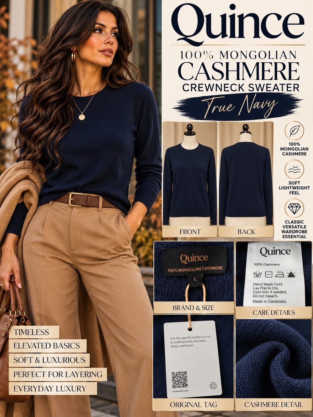 NWT Quince 100% Mongolian Cashmere Crewneck Sweater True Navy Large
